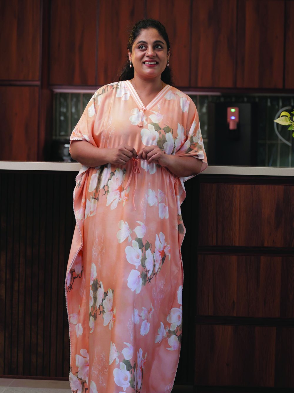 Peach floral print long kaftan