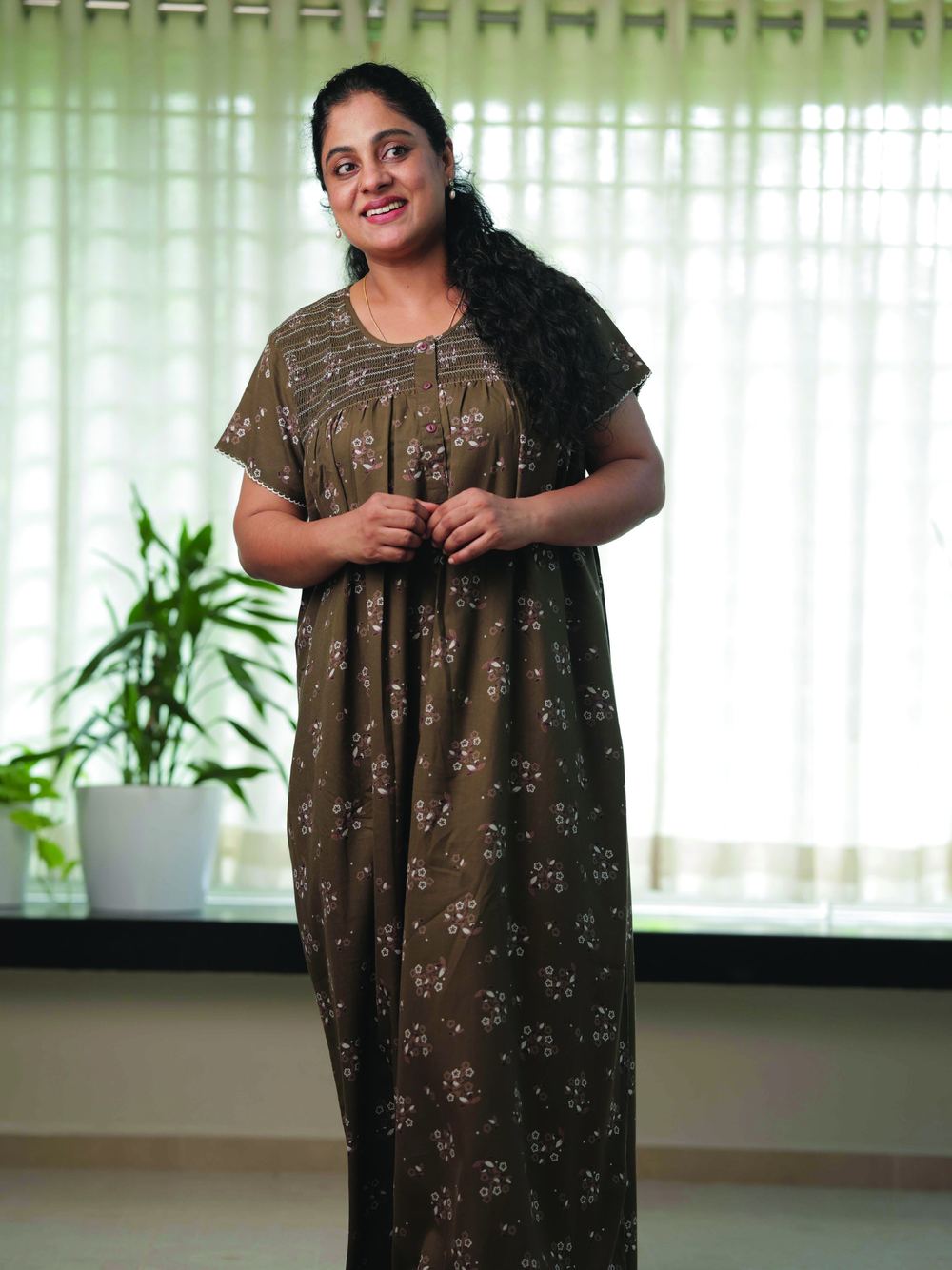 Olive bloom print maxi nighty
